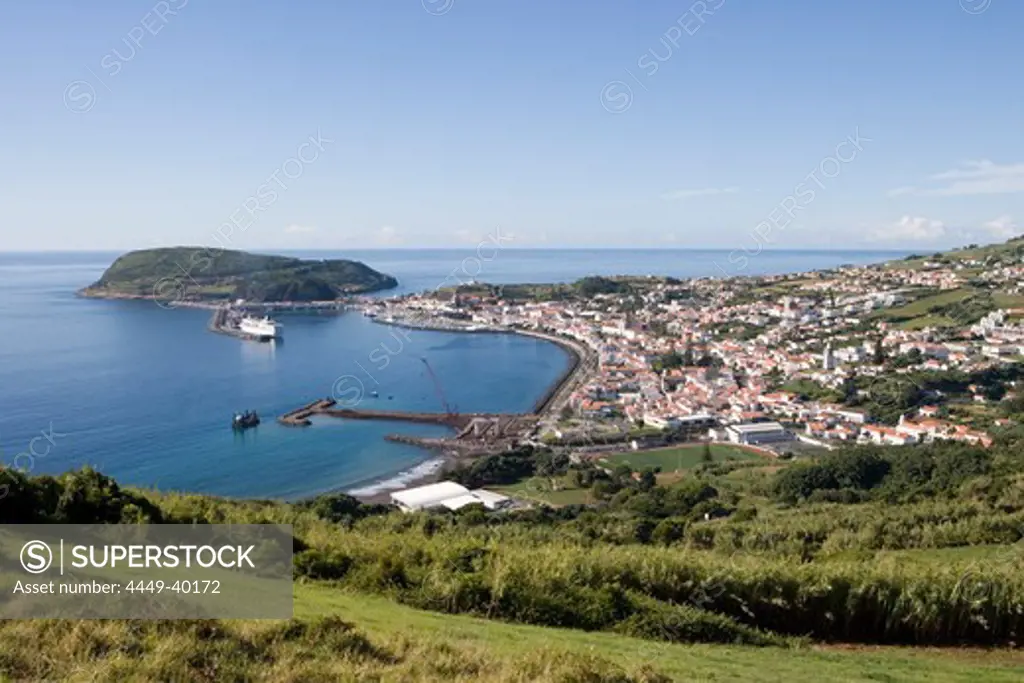 View over the city and Horta Harbour, Horta, Faial Island, Azores, Portugal, Europe