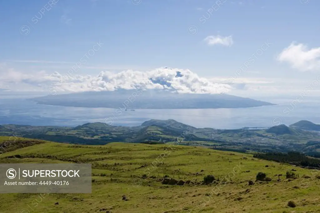 View from Reserva Natural da Caldeira do Faial with Pico Island in the distance, Faial Island, Azores, Portugal, Europe