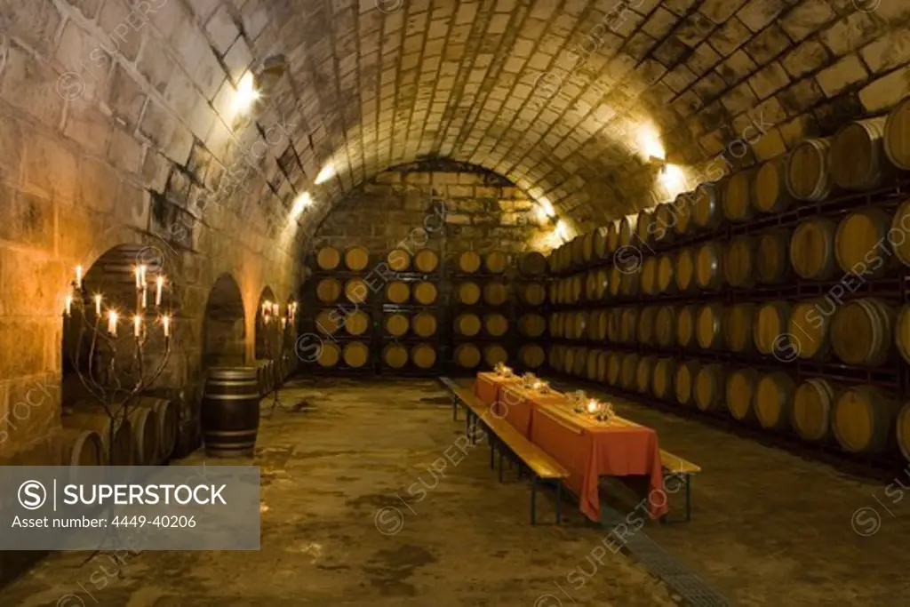 Table setting in the cellar of Bodegues Santa Catarina Winery, near Andratx, Mallorca, Balearic Islands, Spain, Europe