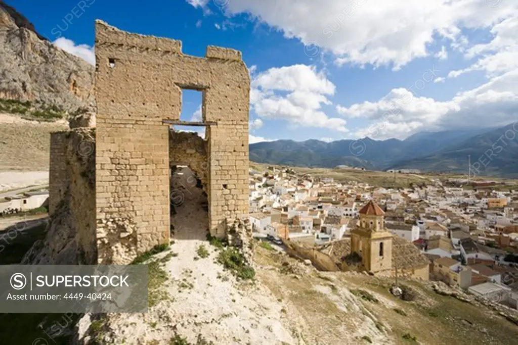 View towards Bedmar from the ruines of Castillo de Al-Matar, Sierra Magina National Park, Province Jaen, Andalucia, Spain