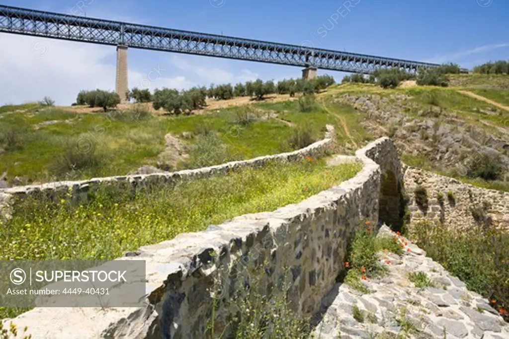 Roman bridge Puente Medieval de Rio Viboras and an old train bridge in the background, now used as a biking trail, Province Jaen, Andalucia, Spain