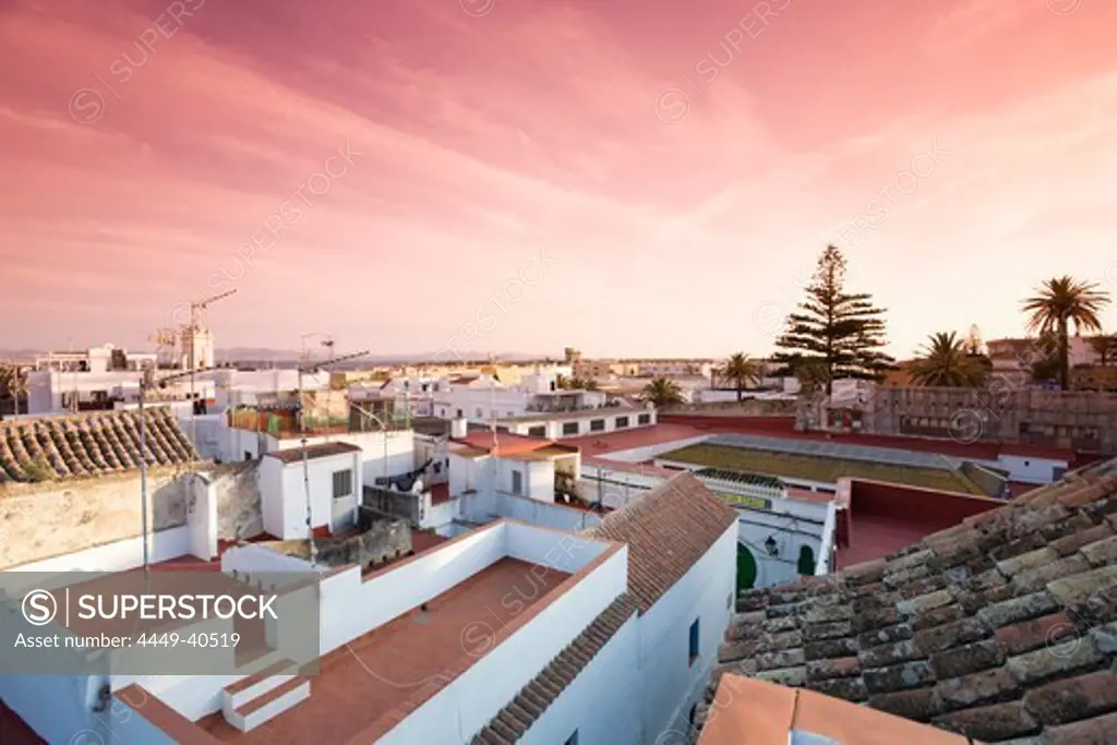 View overlooking the roofgardens of Tarifa, Africa in the background, Andalucia, Province Cadiz, Spain