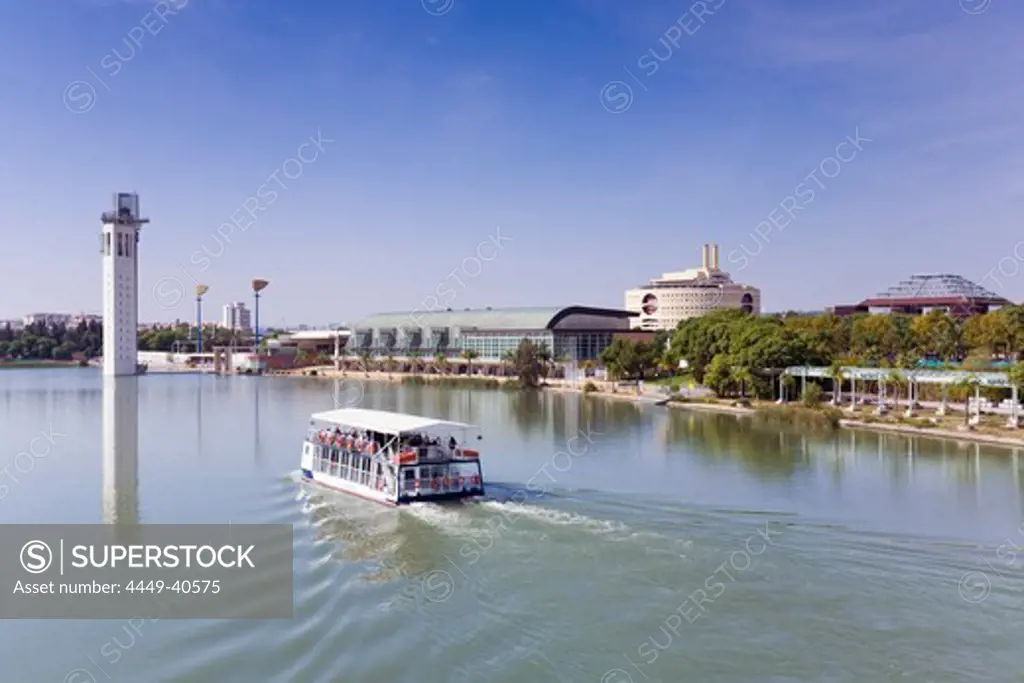 View overlooking the Rio Guadalquivir and the Expo 92 area, Sevilla, Province Sevilla, Andalucia, Spain