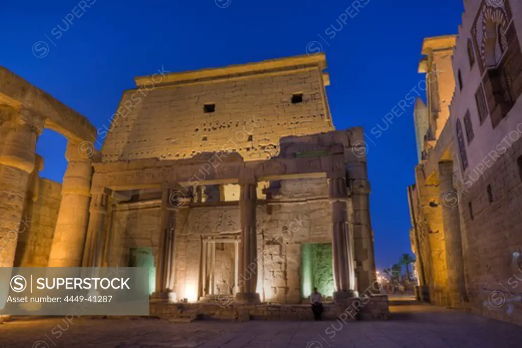 Illuminated Columned Hall inside Luxor Temple, Luxor, Egypt