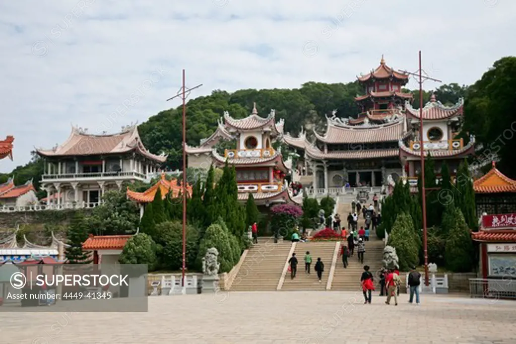 People in front of the main temple Mazu miao on Mazu island, Meizhou Island, Fujian province, China, Asia