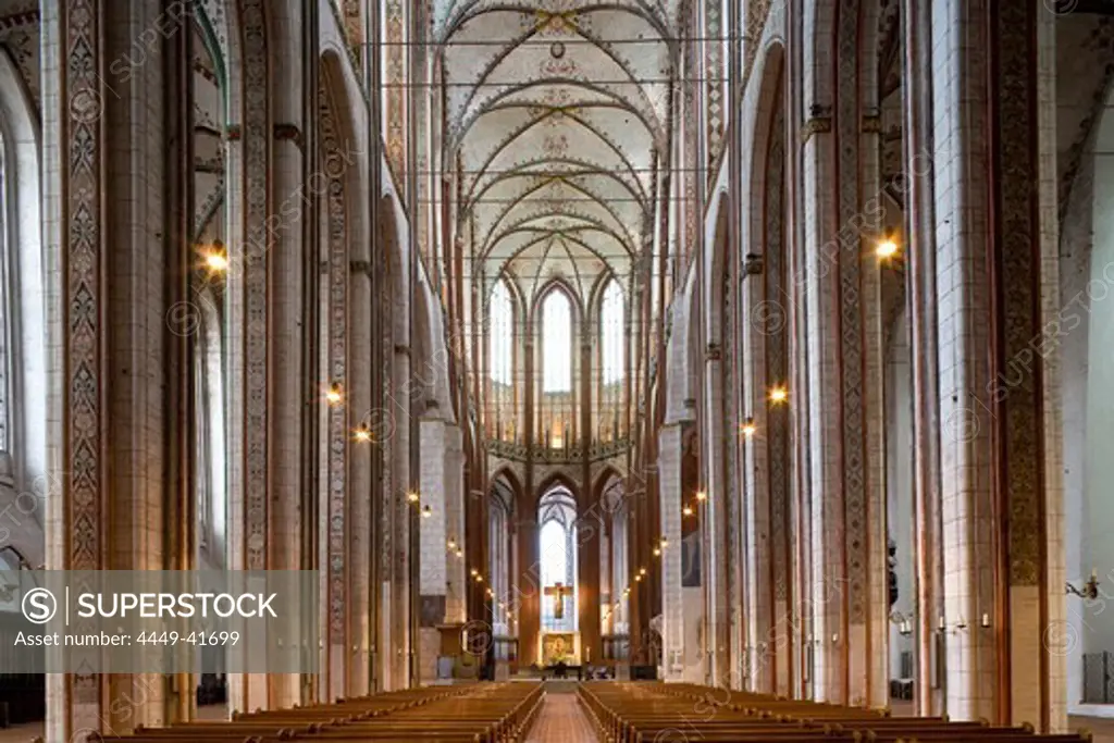 Main nave in St. Mary's church, Marienkirche, Hanseatic city of Luebeck, Schleswig-Holstein, Germany, Europe, UNESCO World Cultural Heritage