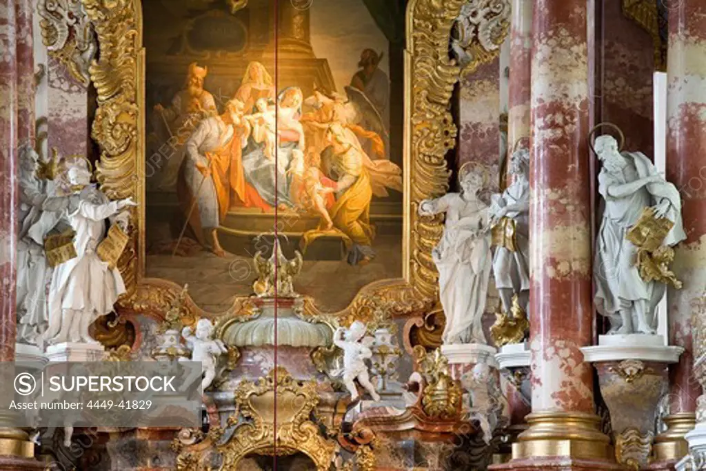 Interior view of Wies church, Wieskirche in Steingaden, Pfaffenwinkel, build from 1745-1754 by brothers Johann Baptist and Dominikus Zimmermann, UNESCO world cultural heritage, Bavaria, Germany, Europe