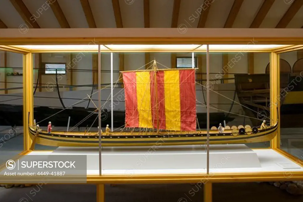 Model of a long-boat in the viking Museum Haithabu, near Schleswig, Schleswig-Holstein, Germany, Europe