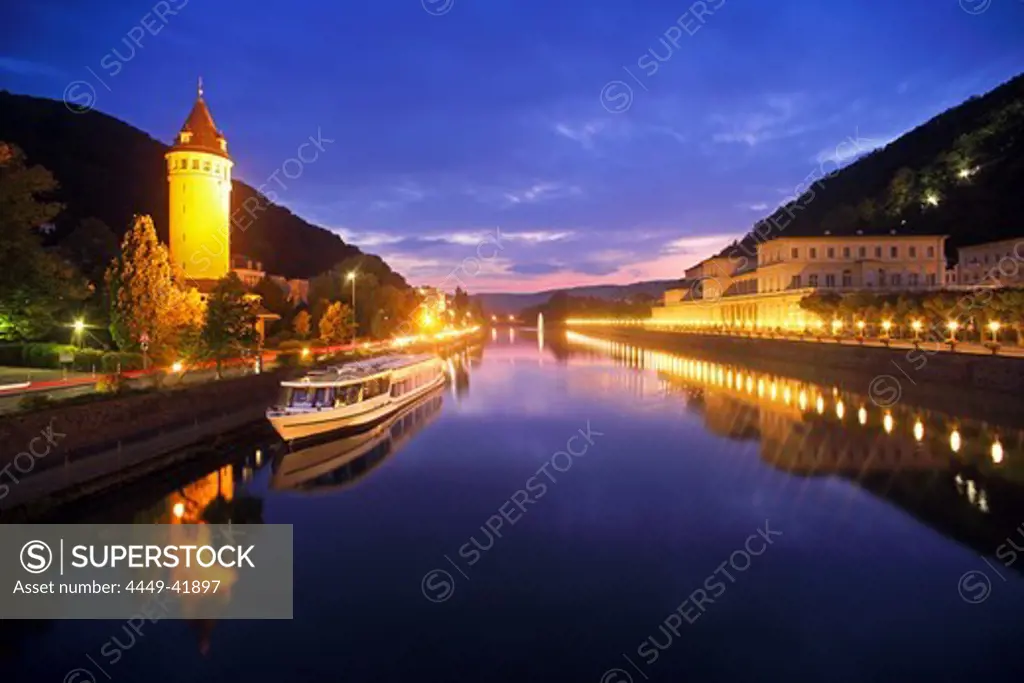 Tower Quellenturm and casino beside river Lahn, Bad Ems, Rhineland-Palatinate, Germany