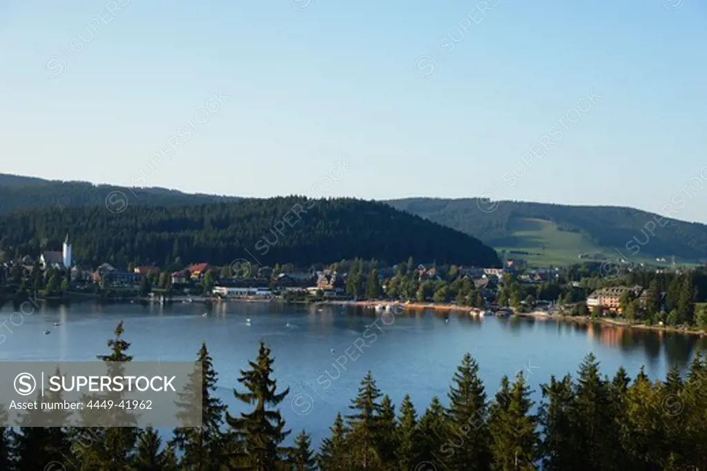 View over lake Titisee to Titisee Neustadt, Baden-Wurttemberg, Germany