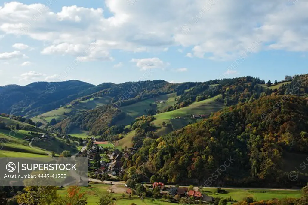 View over Obermunstertal in autumn, Munstertal, Baden-Wurttemberg, Germany