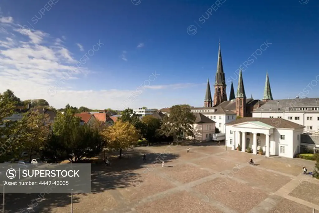 View over square to St. Lambert's church, Oldenburg, Lower Saxony, Germany