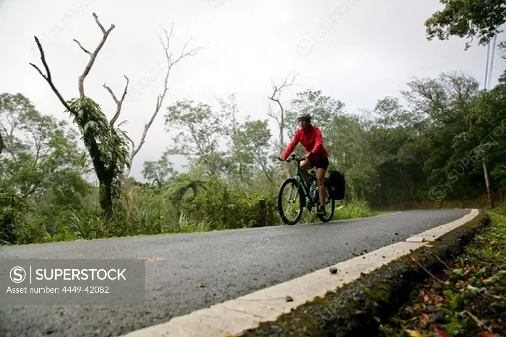 German woman cycling on a road in the rainforest, east coast of Taiwan, Republic of China, Taiwan, Asia