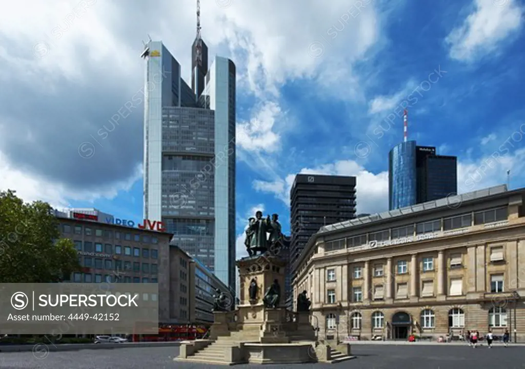 Rossmarkt with Gutenberg monument, Commerzbank Tower in background, Frankfurt am Main, Hesse, Germany