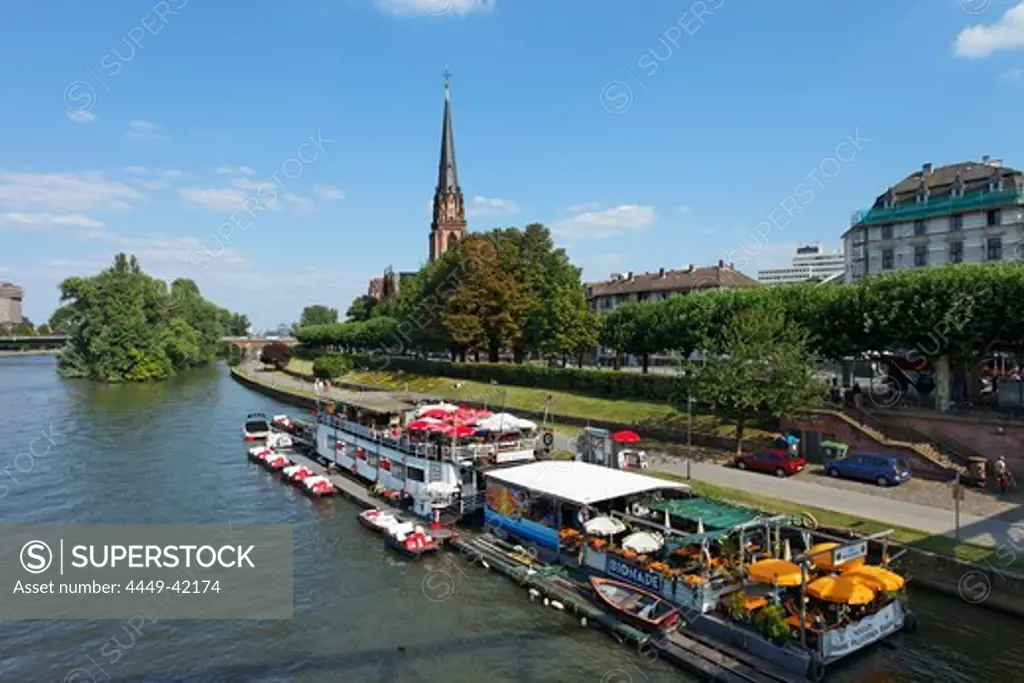 Boat restaurant at riverbank, Frankfurt-Sachsenhausen, Frankfurt am Main, Hesse, Germany
