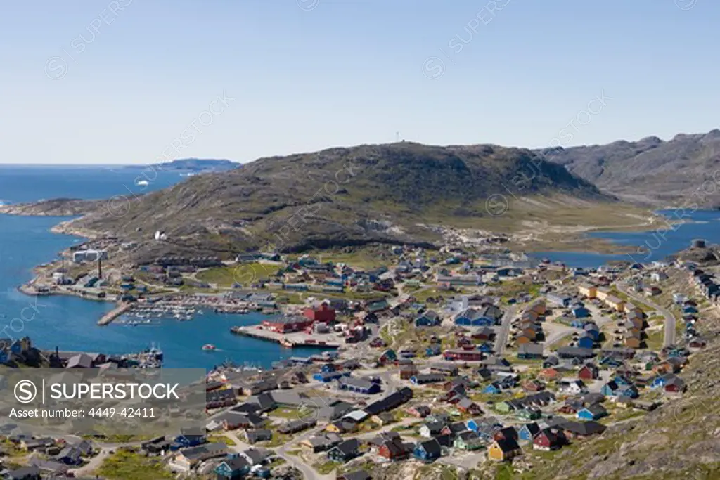 View at coastal town Qaqortoq in the sunlight, Kitaa, Greenland