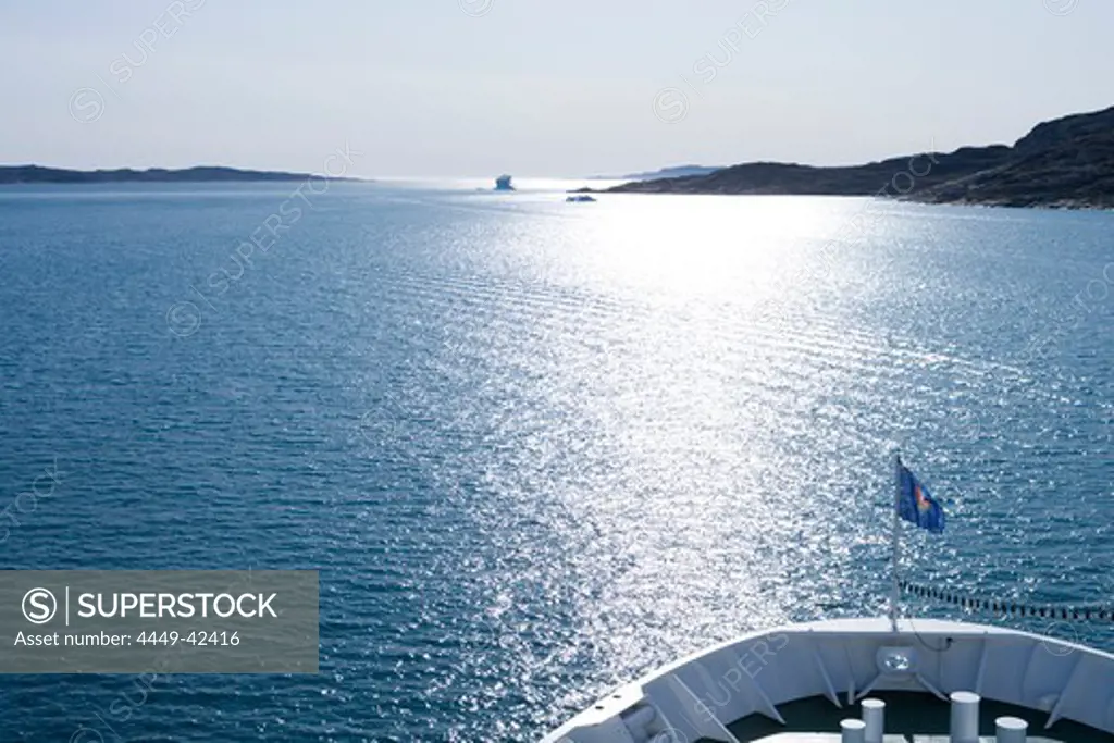 Bow of cruise ship MS Deutschland in the sunlight, Qaqortoq, Kitaa, Greenland