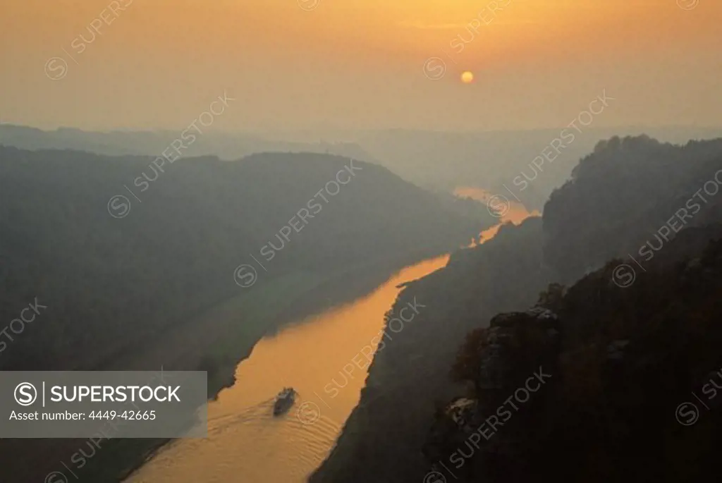 View from the Bastei towards the river Elbe at sunset, Elbe sandstone mountains, near Dresden, Saxony, Germany