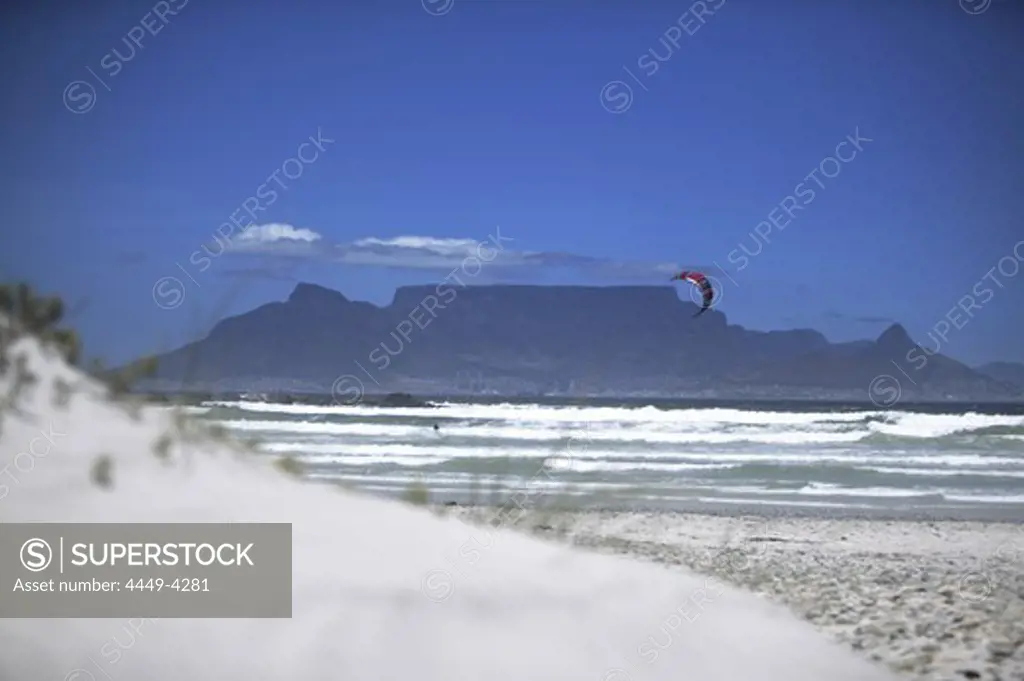 Kite Surfer, Bloubergstrand against Table Mountain, West Cape, South Africa