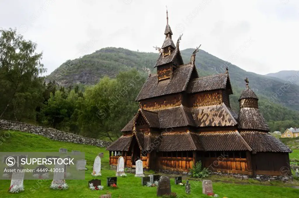 Stave church and graveyard of Borgund, Laerdalsoyri, Laerdal, Norway, Scandinavia, Europe