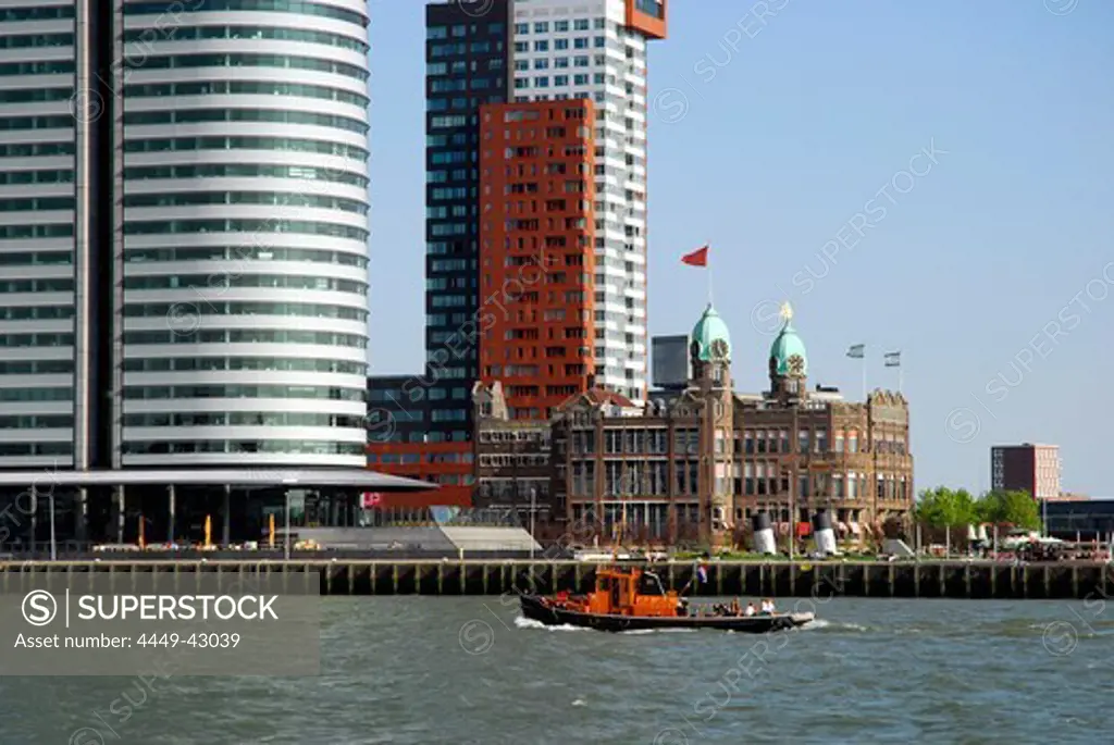 Modern architecture at the Wilhelminapier, World Port Center, Montevideo high-rise building and Hotel Cafe Restaurant New York, the former Holland-America-Line waiting hall (Hal) at the Nieuwe Maas River, Rotterdam, Zuid-Holland, South-Holland, Nederland, the Netherlands, Europe