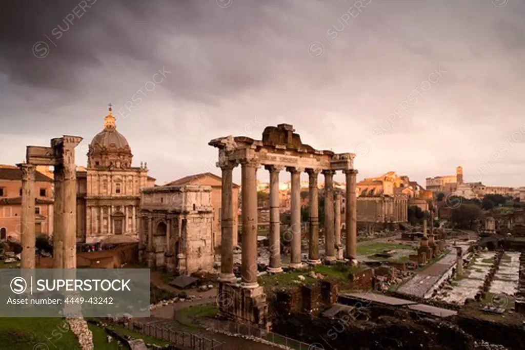 View from Piazza del Campidoglio towards the Temple of Saturn and Arch of Septimius Severus, Roman Forum, Rome, Italy, Europe