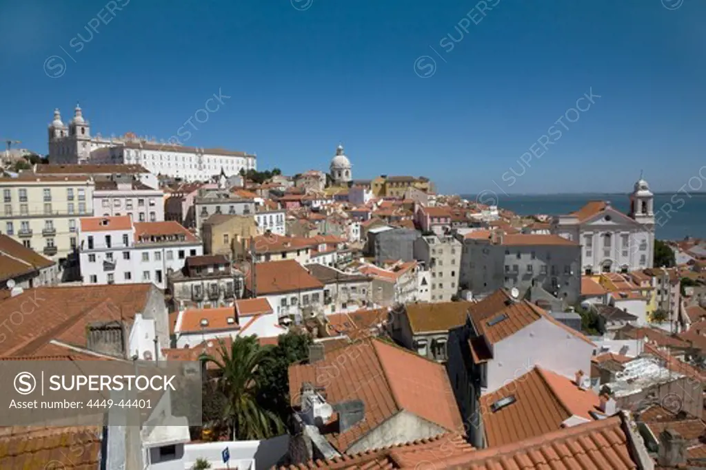 View from Miradouro Santa Luzia, Viewpoint towards the Alfama quarter with the Santa Engrácia church and the Tejo River, Portugal, Lisbon