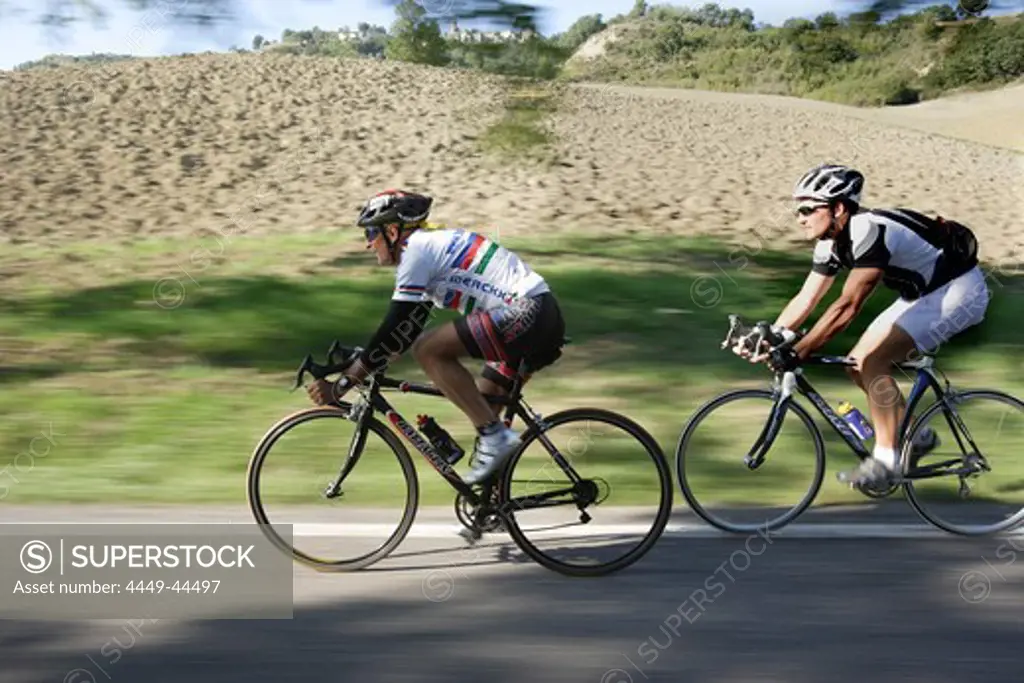 Two men on racing bikes on a country road, Marche, Italy, Europe