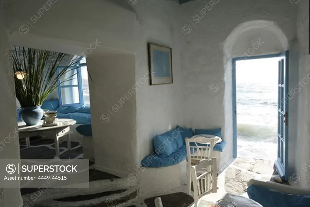 Interior view of a deserted bar at Little Venice, Mykonos Town, Greece, Europe