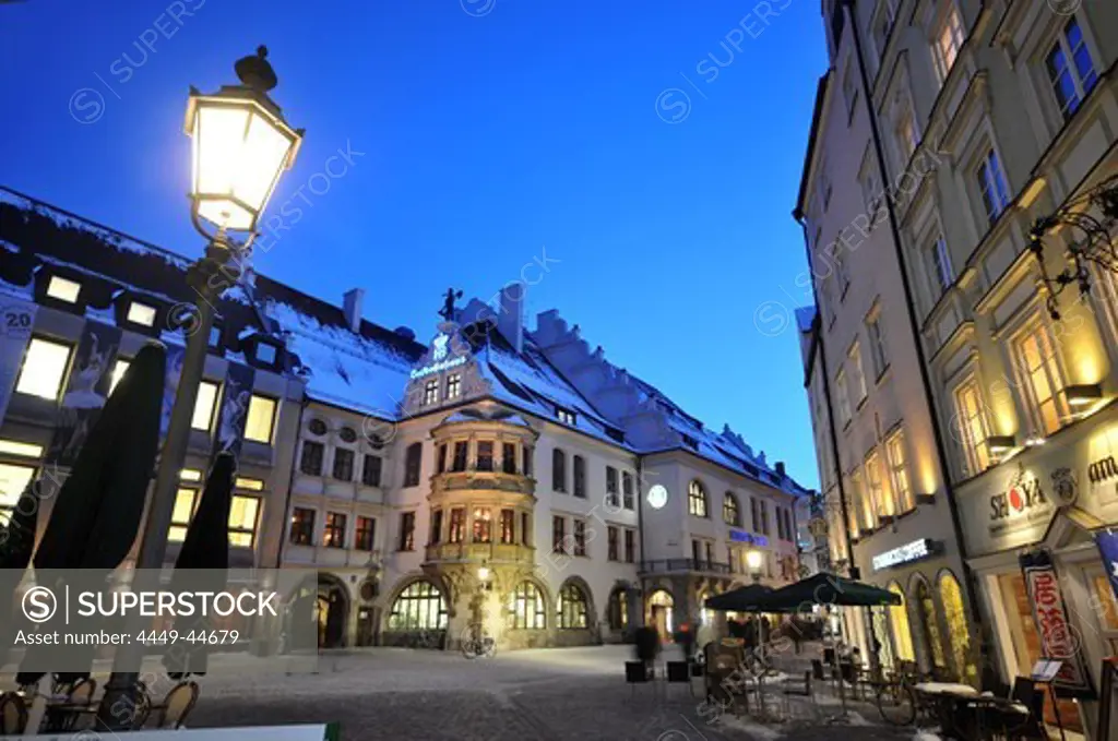 The Hofbrauhaus at Platzl square in the evening in winter, Munich, Bavaria, Germany, Europe