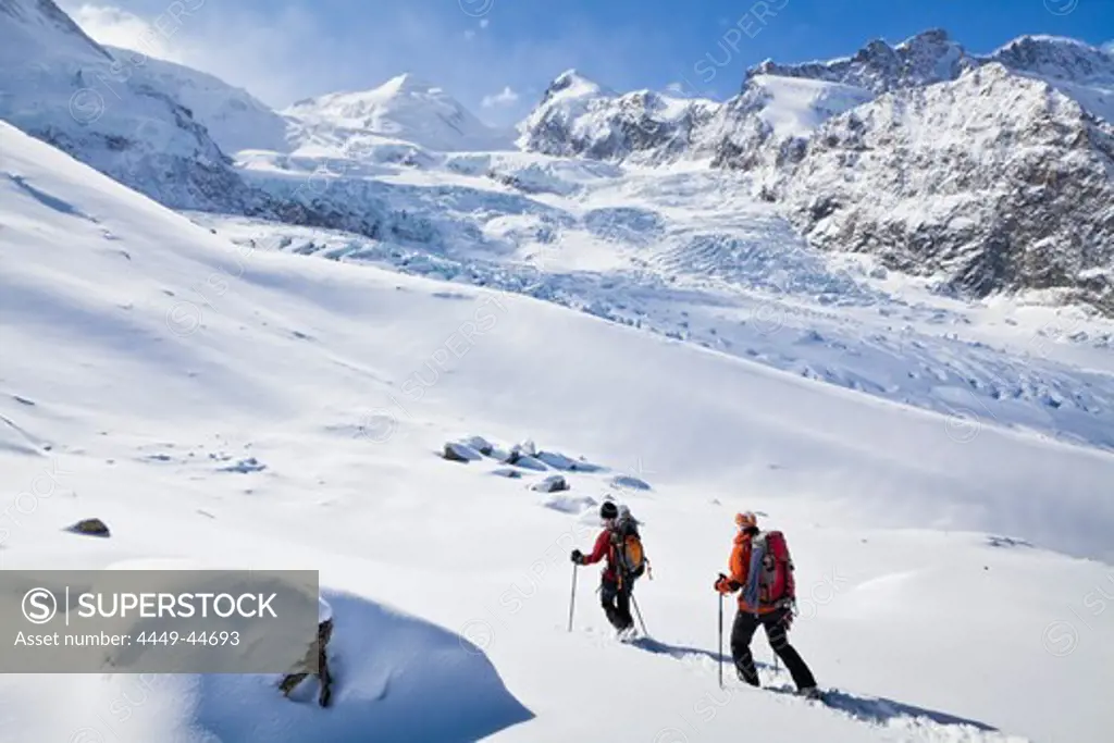 Two female back country skiers, Pennine Alps, Canton of Valais, Switzerland