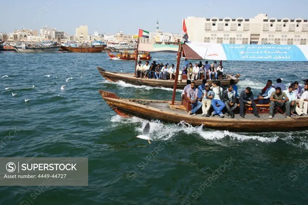 People in boats on Dubai Creek, Dubai, UAE, United Arab Emirates, Middle East, Asia
