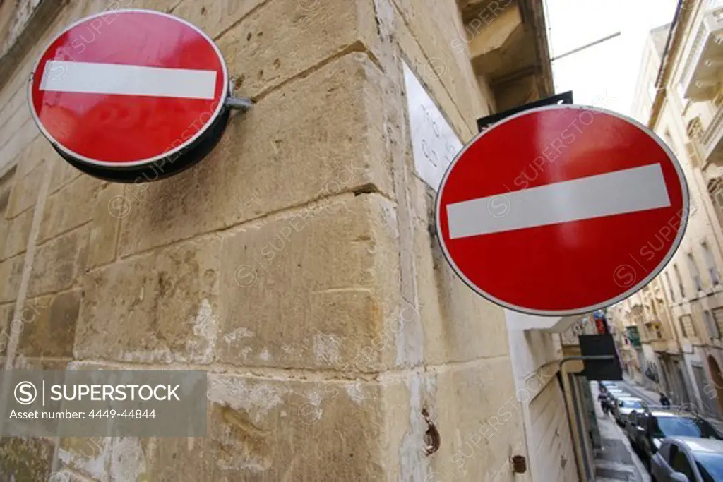 Traffic signs in the City of Valletta, Malta, Europe