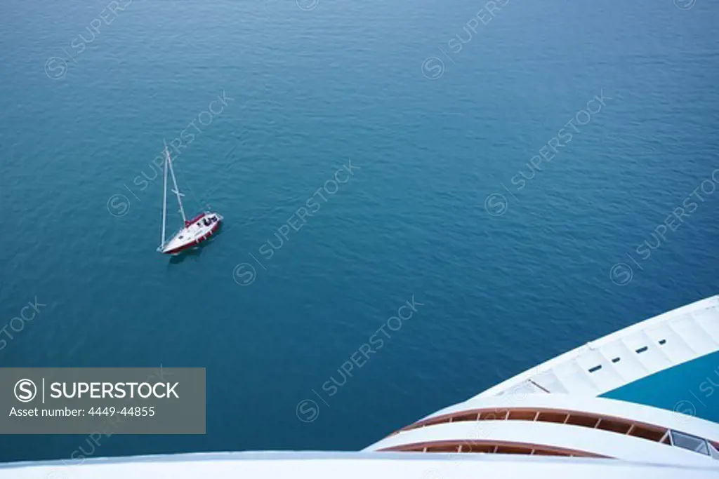 Sailing boat and AIDA cruiser, Mediterranean Sea