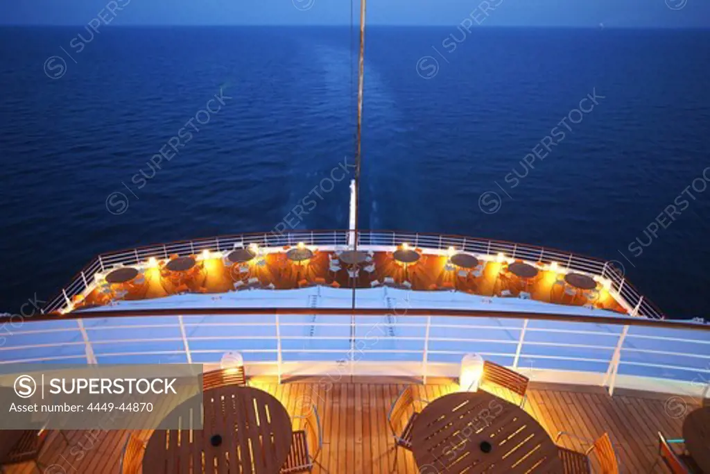 Stern of AIDA Bella cruiser in the evening, Mediterranean Sea