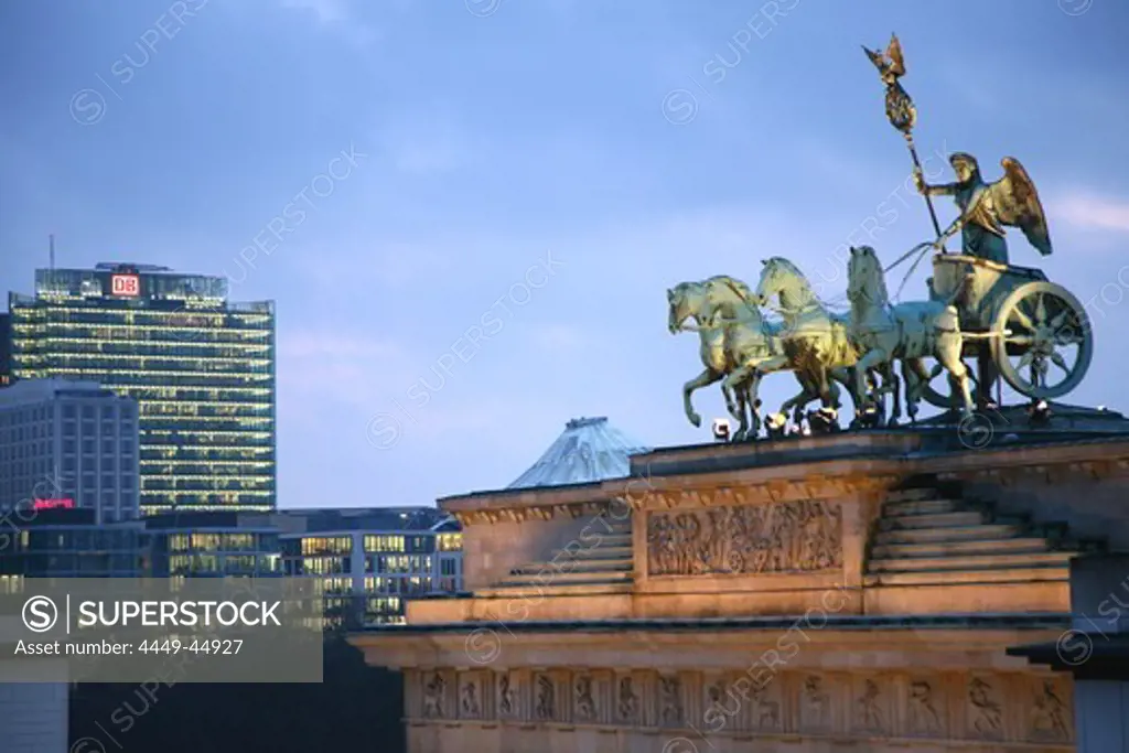 Quadriga, Brandenburg Gate and BahnTower in the evening, Berlin, Germany, Europe