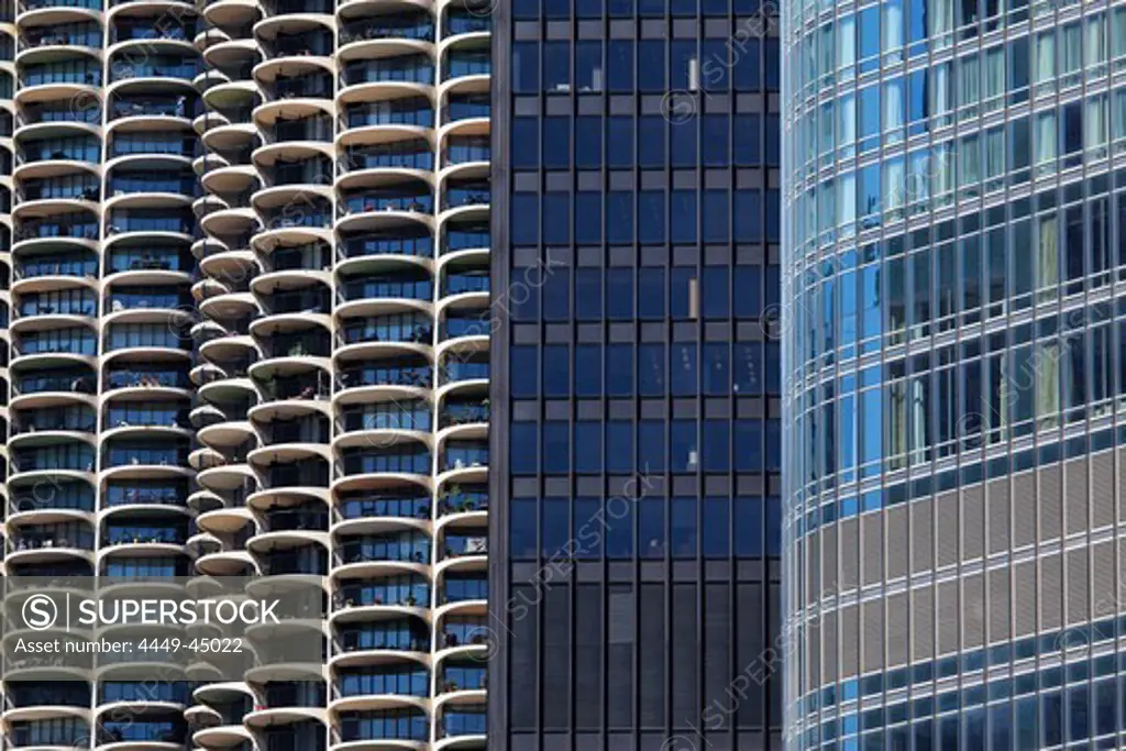 Facades of Marina City (left) and Trump Tower (right), Chicago, Illinois, USA
