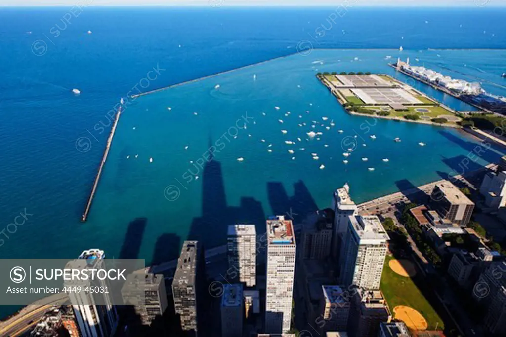 View from the Observatory Deck of John Hancock Tower at Lake Michigan and Navy Pier, Chicago, Illinois, USA