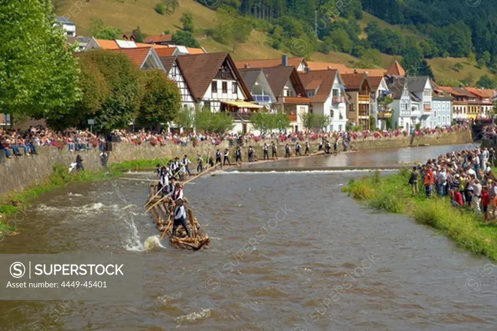 Historic River Rafting on the river Kinzig, Wolfach, Valley Kinzigtal, Southern Part of Black Forest, Black Forest, Baden-Wuerttemberg, Germany, Europe