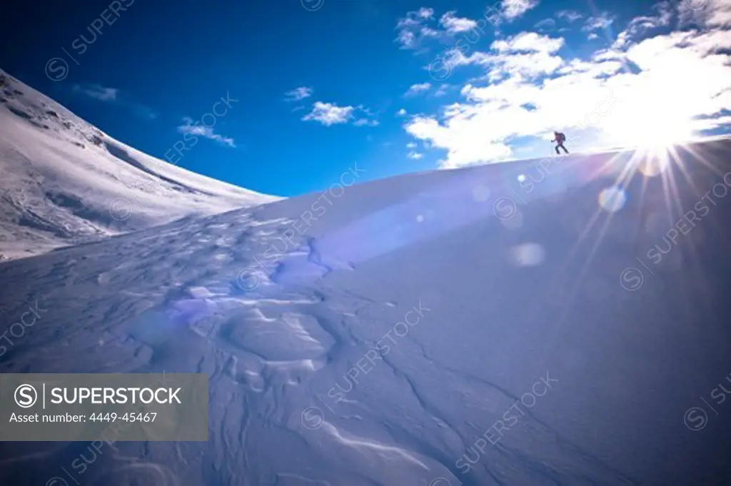 Woman backcountry skiing, Col Bechei, Dolomites, Trentino-Alto Adige/Suedtirol, Italy