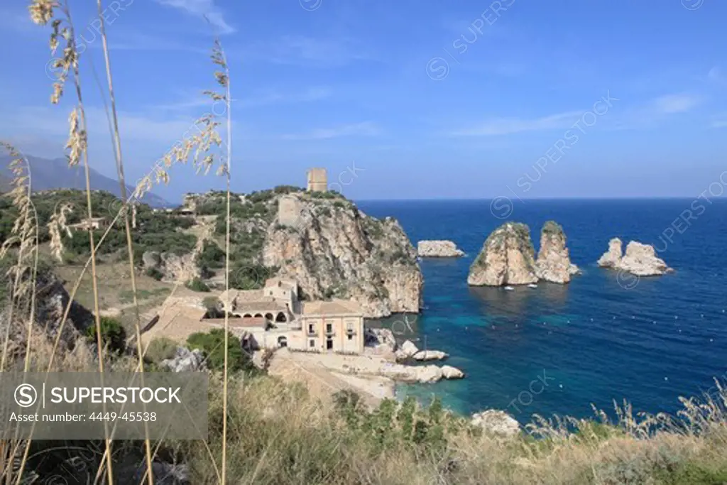 Former tuna fishing place in a bay, Tonnara di Scopello, Gulf of Castellammare, Tyrrhenian Sea, Province Trapani, Sicily, Italy, Europe