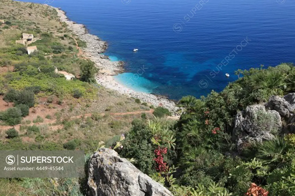 View at coast area and beach in the sunlight, National Park Zingaro, Province Trapani, Sicily, Italy, Europe