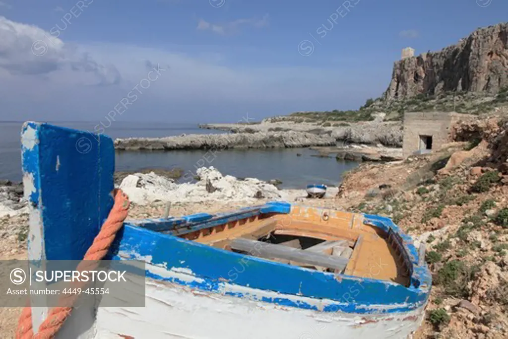 Rowing boat at the coast near San Vito lo Capo, Province Trapani, Sicily, Italy, Europe