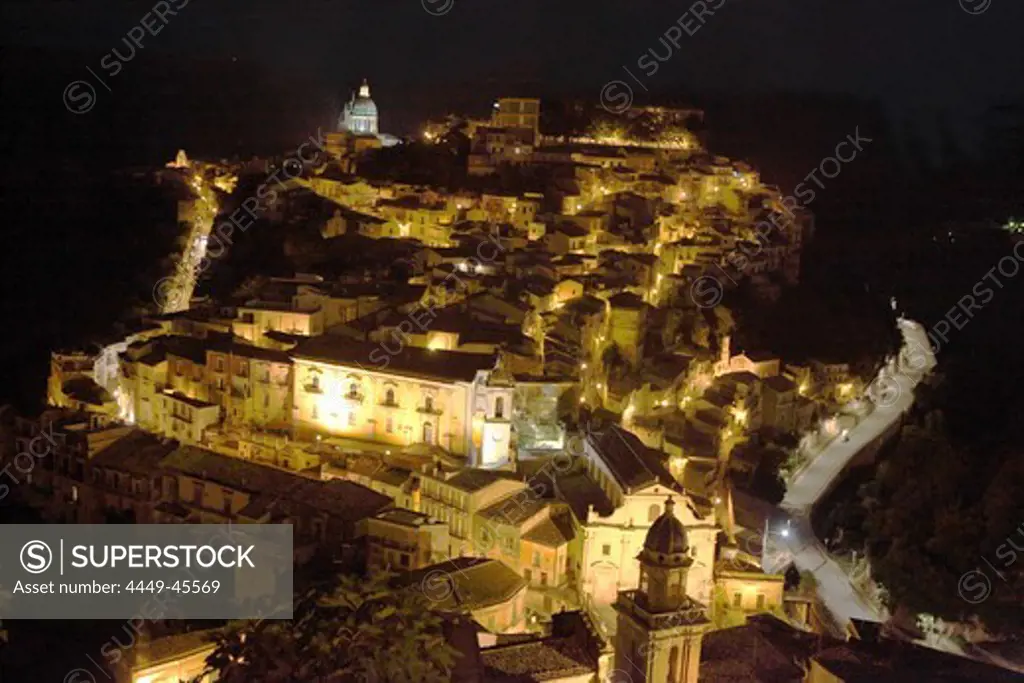 View on the baroque Ragusa Ibla at night, Province Ragusa, Sicily, Italy, Europe