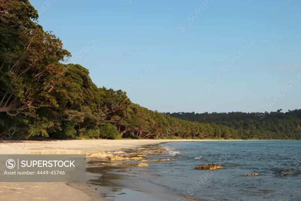 View over the 12 km long Radha Nagar Beach and its costal rainforest, Beach 7, Havelock Island, Andamans, India