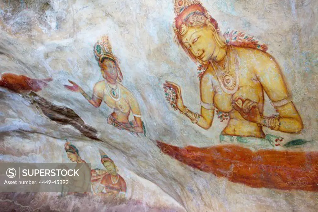 Mural paintings of the Sigiriya ladies, Sigiriya, Sri Lanka, Asia