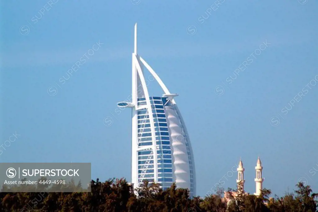 View at minarets and the Burj al Arab hotel, Dubai, United Arab Emirates, Middle East, Asia