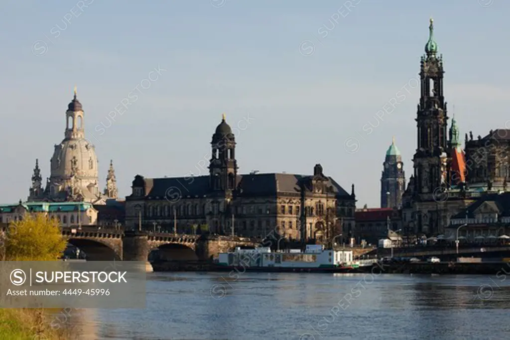 City view with the Elbe River, Augustus Bridge, Frauenkirche, Church of our Lady, Staendehaus, town hall tower, Hofkirche, Dresden, Saxony, Germany