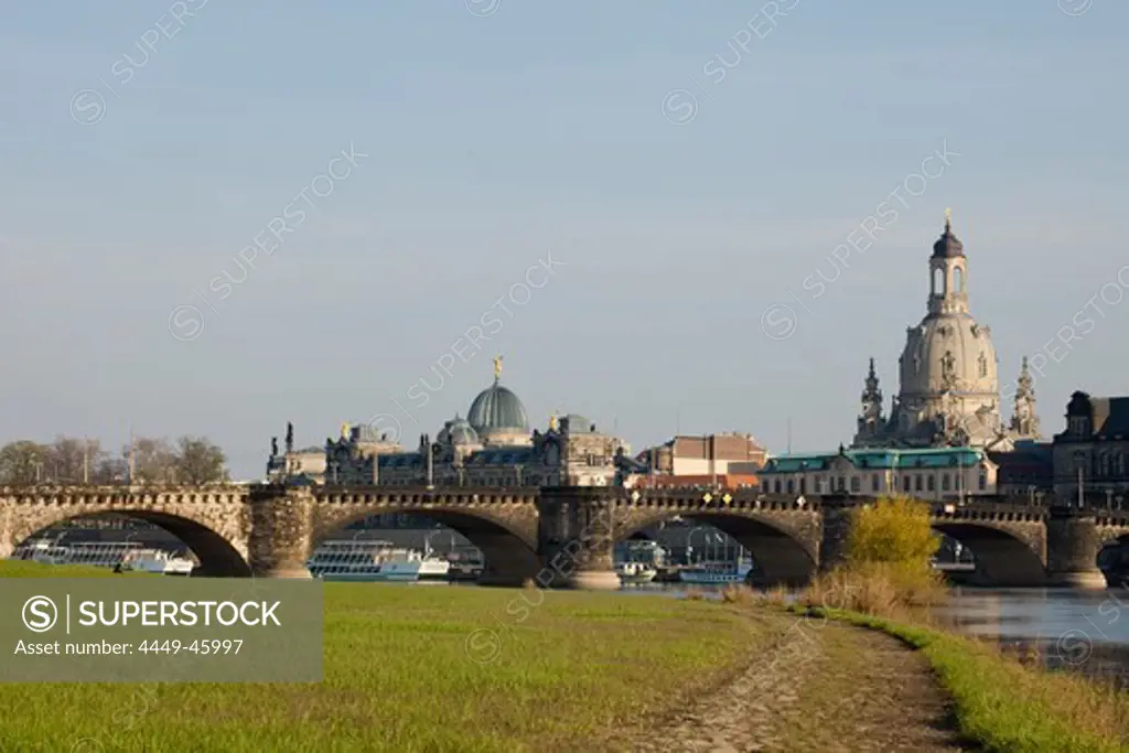 City view with the Elbe River, Elbe meadows, Augustus Bridge, Lipsius Bau, Frauenkirche, Church of our Lady, Dresden, Saxony, Germany