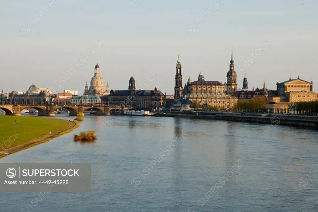 City view with the Elbe River, Augustus Bridge, Frauenkirche, Church of our Lady, Staendehaus, Hofkirche, Hausmannsturm, tower of the Dresden Castle, Semperoper, opera house, Dresden, Saxony, Germany